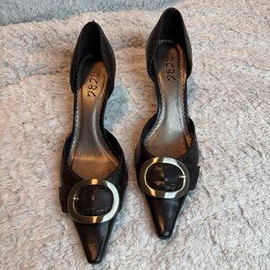 BCBG Black D'Orsay Pointed Pumps with Silver Buckle